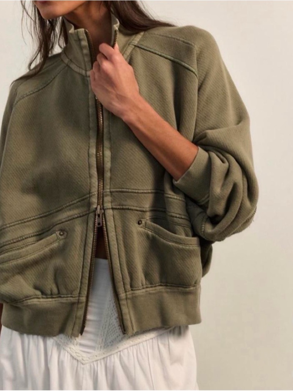 Free People Olive Cropped Zip-Up Bomber Jacket